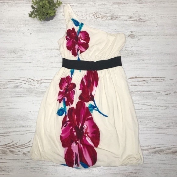 Floral One-Shoulder Ivory Elastic A-Line Mini Dress - Picture 2 of 7